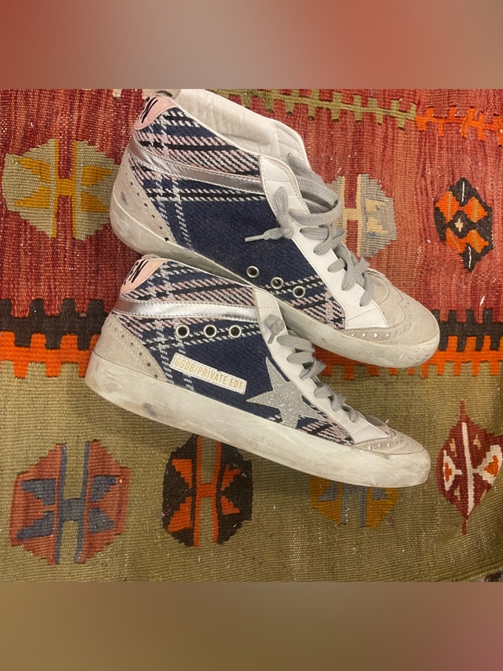Golden Goose Navy Plaid & Pink Star High-Top Sneakers